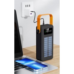 Powerbank Solarny z Przewodami i Latarką, microUSB, USB-C, Lightning, USB 30000 mAh