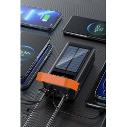 Powerbank Solarny z Przewodami i Latarką, microUSB, USB-C, Lightning, USB 30000 mAh