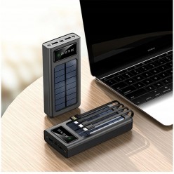 Powerbank Solarny z Przewodami i Latarką, microUSB, USB-C, Lightning, USB 30000 mAh