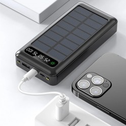 Powerbank Solarny z Przewodami i Latarką, microUSB, USB-C, Lightning, USB 30000 mAh