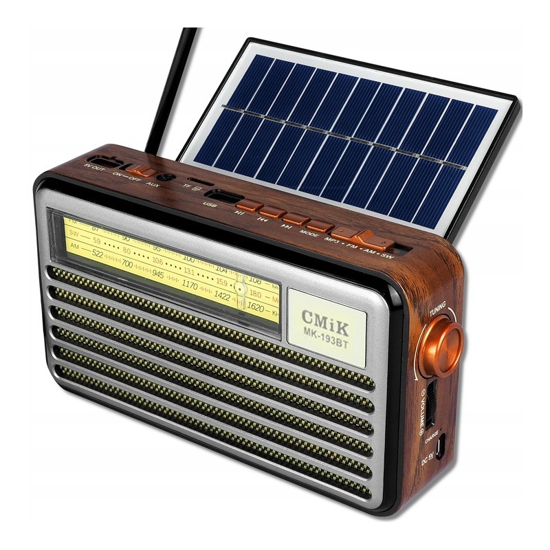 Radio FM,AM,SW z Panelem Solarnym, Bluetooth, USB, gniazdo kart SD/TF i lampką LED USB