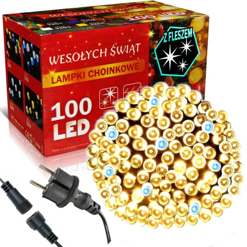 Świąteczne Lampki Choinkowe Ciepłe Białe 100 LED Z Funkcją Flash