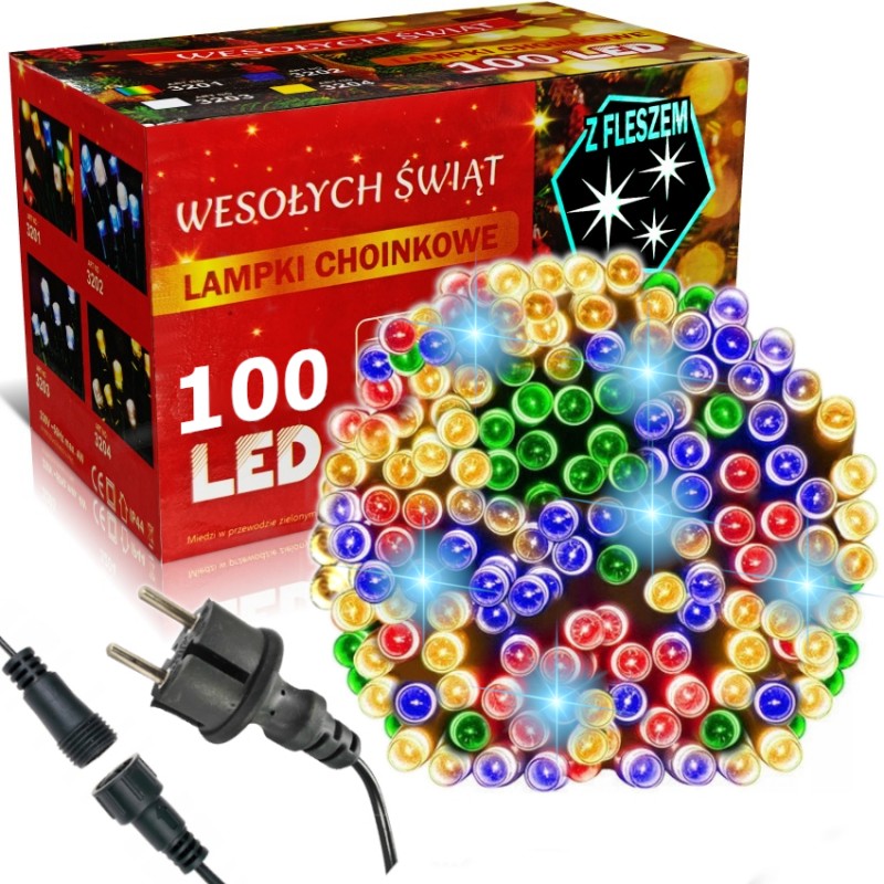 Świąteczne Lampki Choinkowe Multi Kolor 100 LED z Funkcją Flash